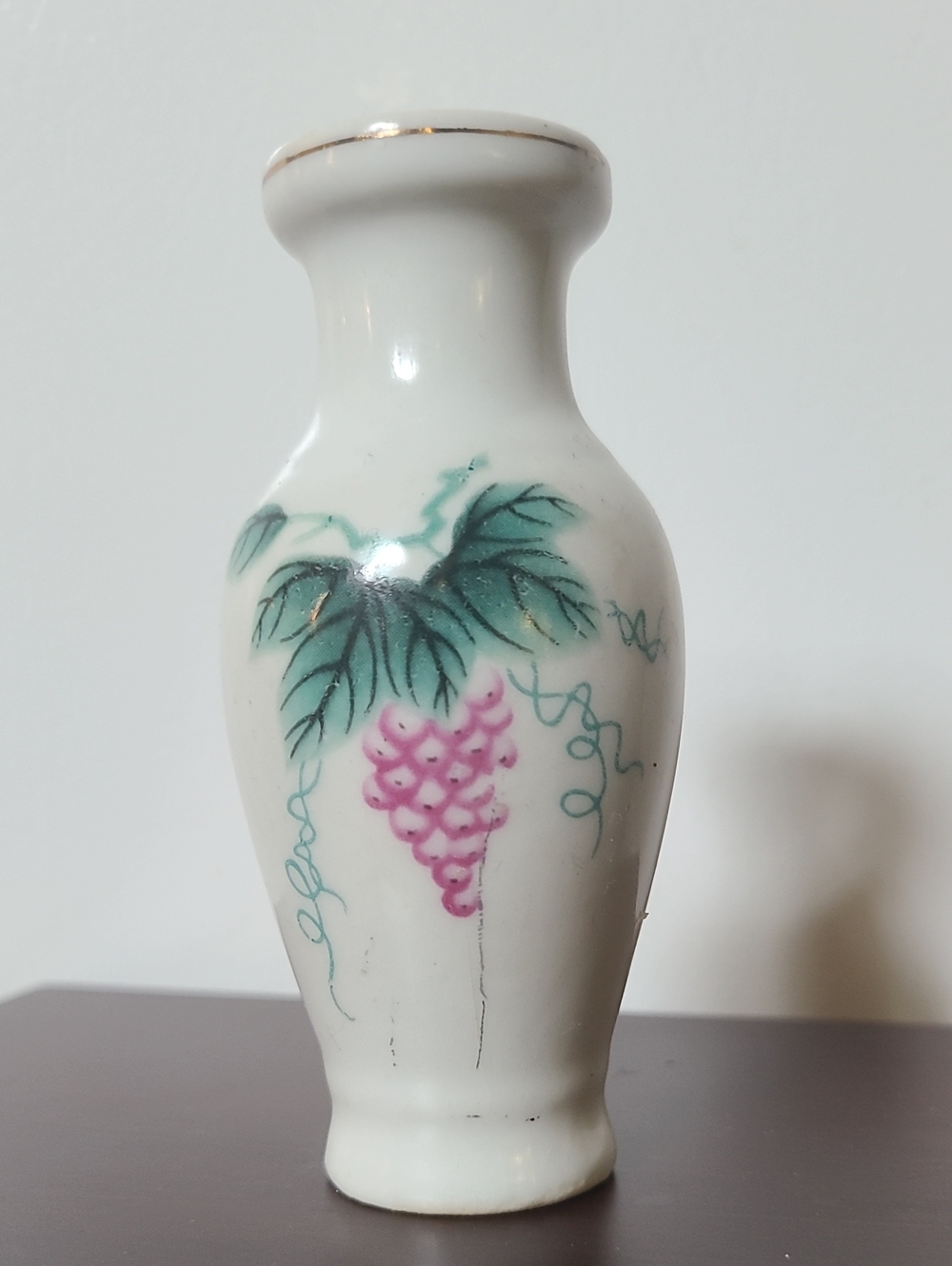 Porcelain White Mini Vase with Pink Grape Motif - Unbranded